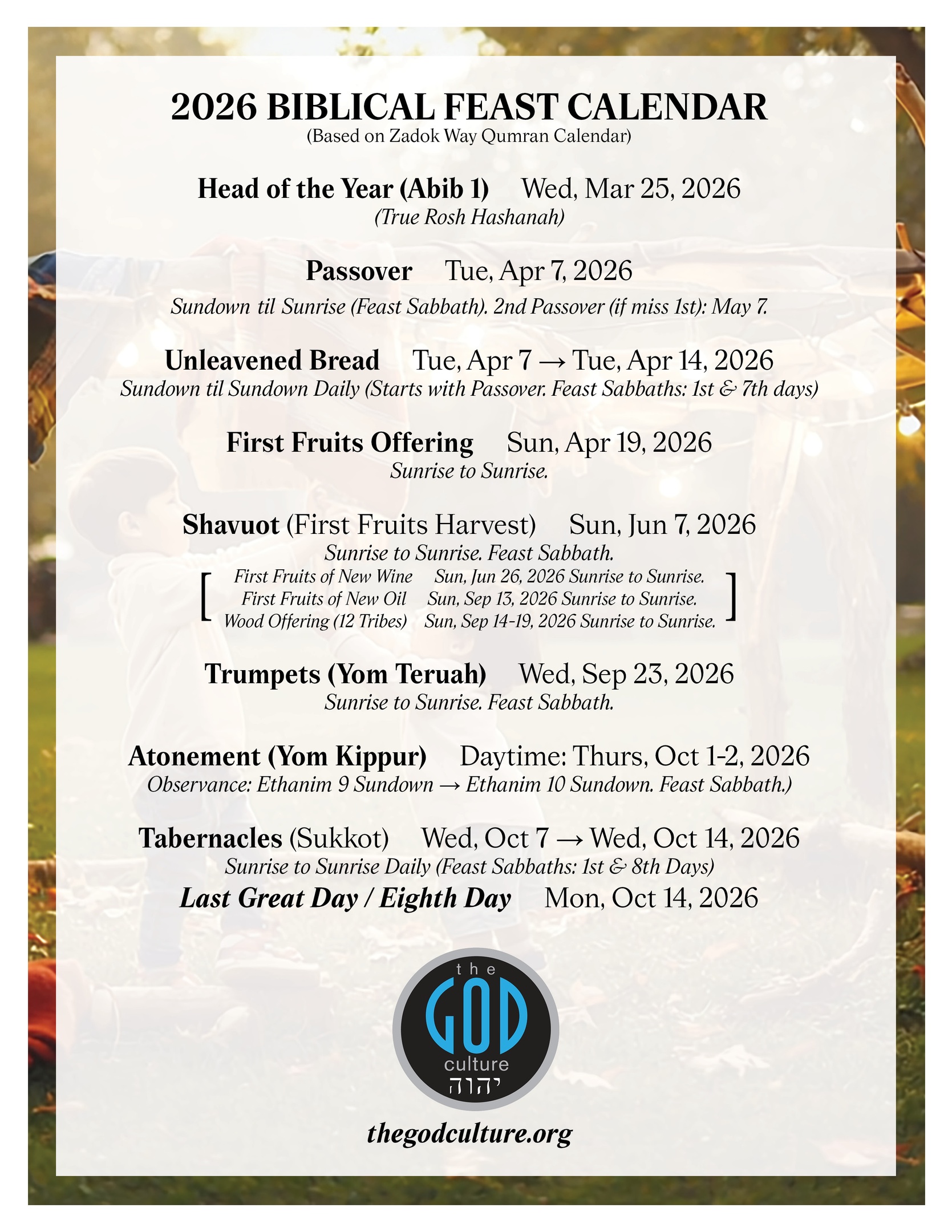 2026 Biblical Feasts Calendar The God Culture